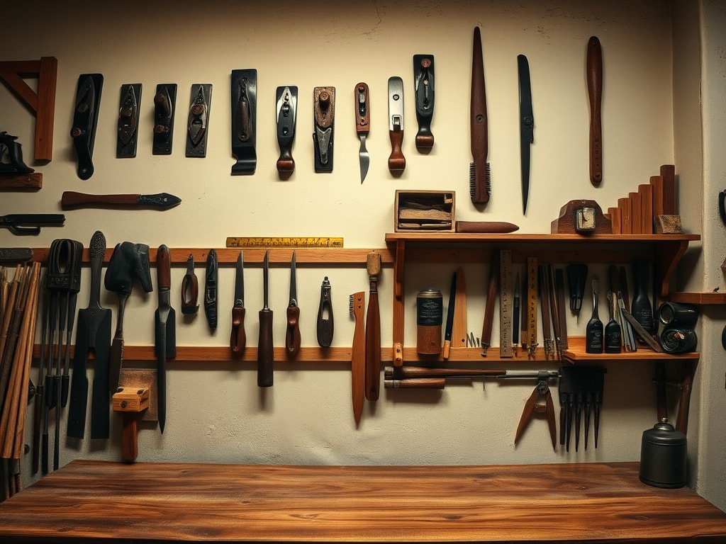 Atelier d'artisan rénovation, outils méticuleusement rangés sur établi en bois
