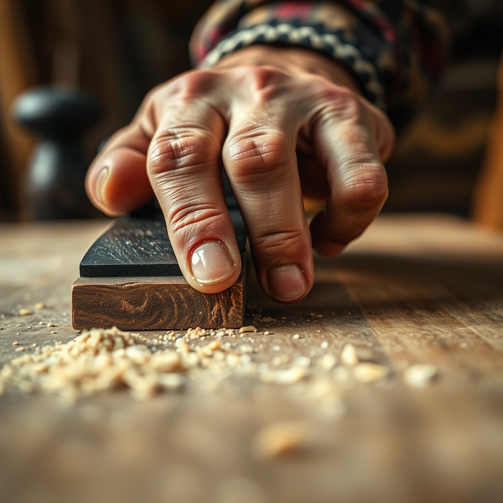 Main d'artisan vérifiant la planéité d'une planche de bois fraîchement rabotée