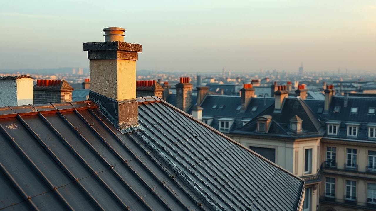 Toiture zinc parisienne avec cheminée et solin de plomb