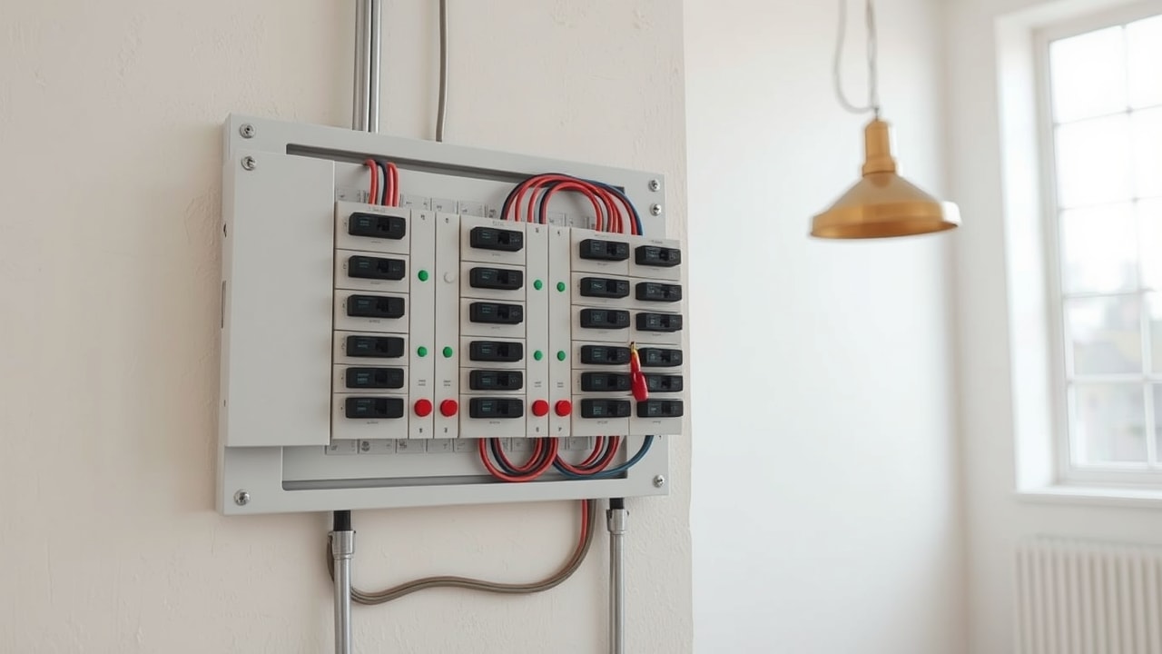 Tableau électrique français mis aux normes, circuit breakers alignés