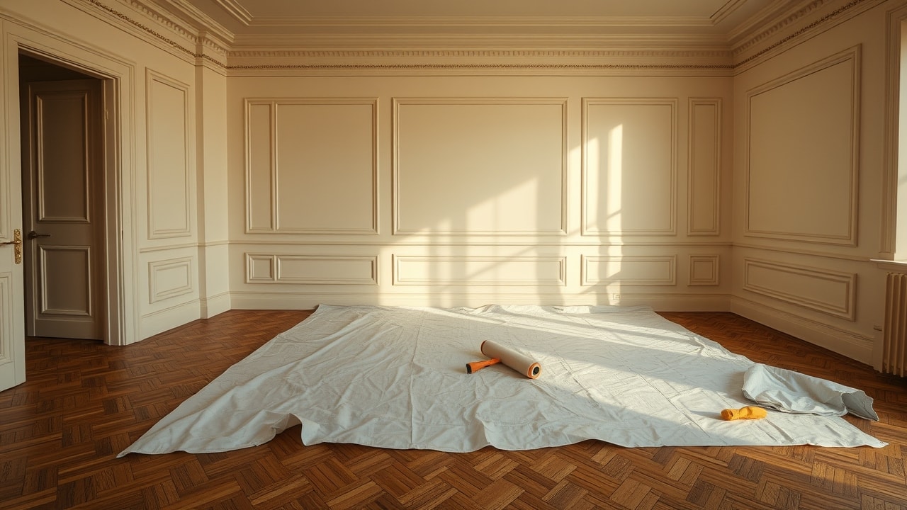 Salon parisien fraîchement peint, parquet protégé par bâche, peinture mate cream