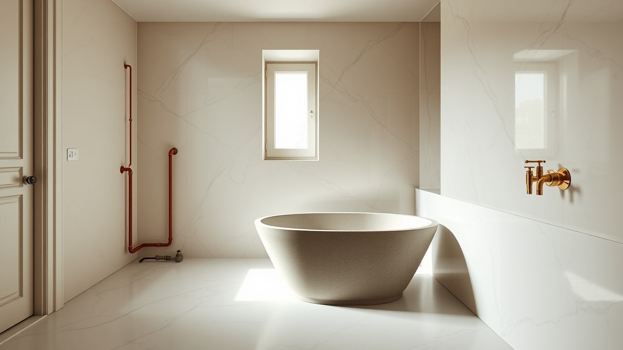 Salle de bain en cours d'installation à Paris, robinetterie cuivre apparente