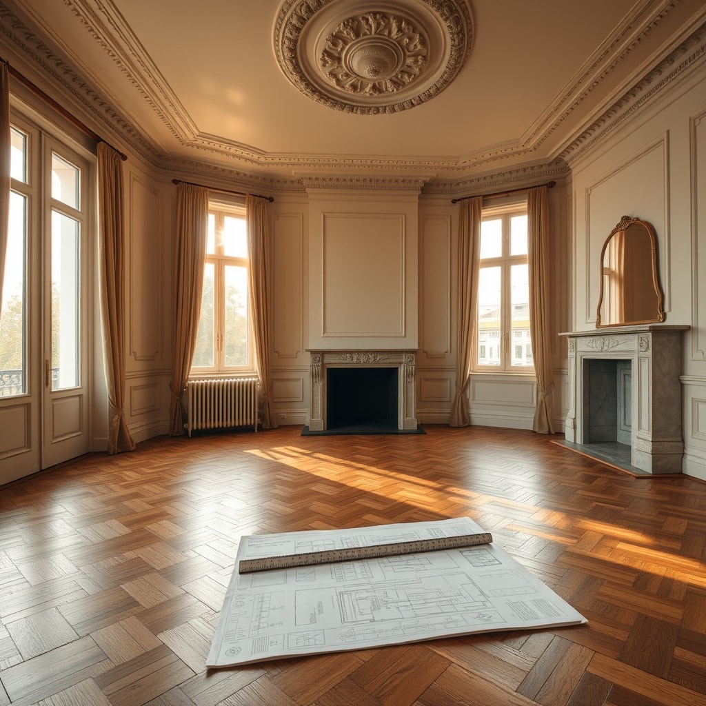Salon haussmannien parisien restauré, parquet point de Hongrie, moulures d'origine